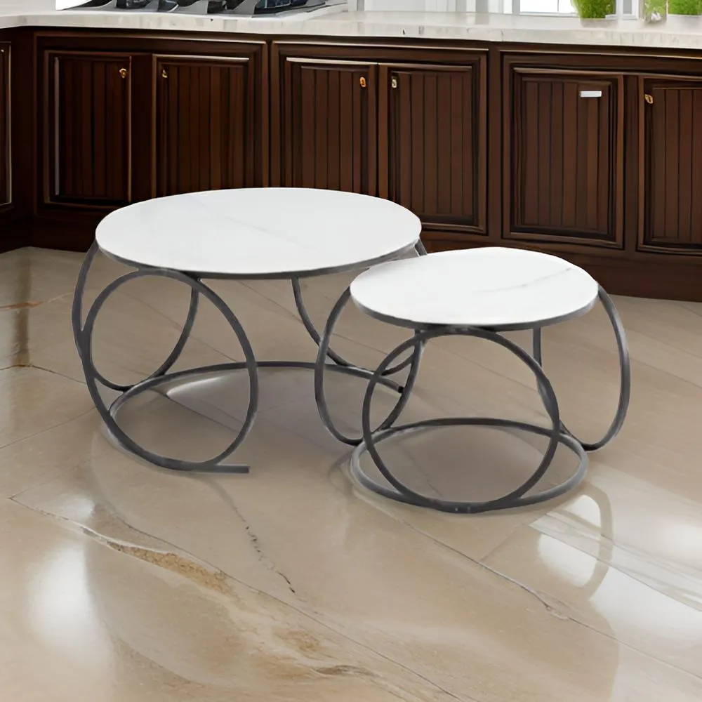 2Pcs Of Multi-Functional Nesting Round Glass Top Coffee Table C-6-3 White & Black