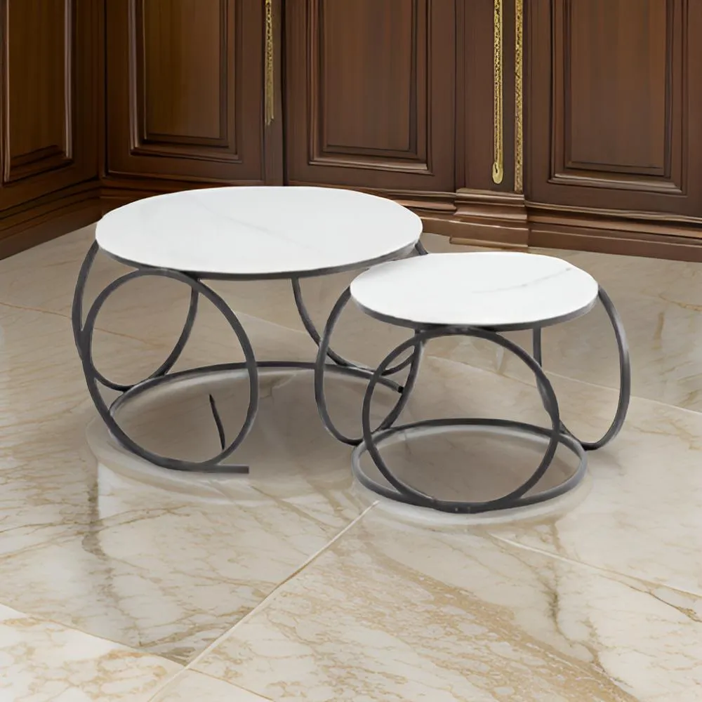 2Pcs Of Multi-Functional Nesting Round Glass Top Coffee Table C-6-3 White & Black