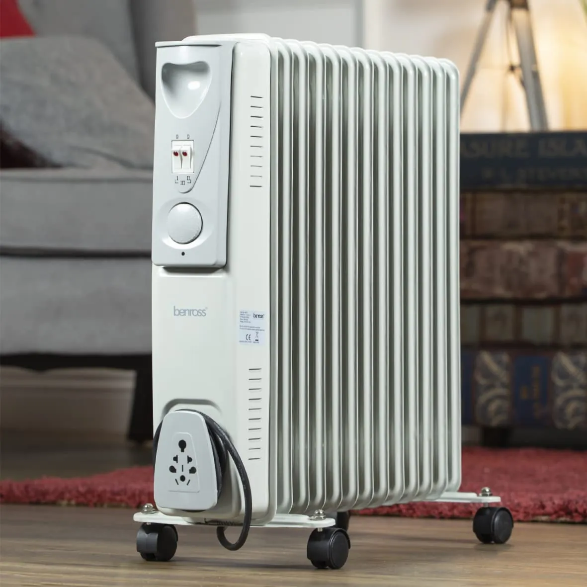 Benross 46770 Portable 13 Fin Oil Filled Radiator/Adjustable Thermostat/Automatic Overheat Protection/Cool Touch Carry Handle / 2500W / White