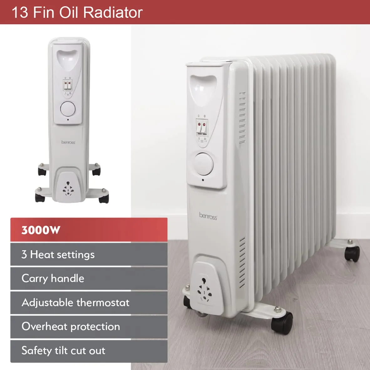 Benross 46770 Portable 13 Fin Oil Filled Radiator/Adjustable Thermostat/Automatic Overheat Protection/Cool Touch Carry Handle / 2500W / White