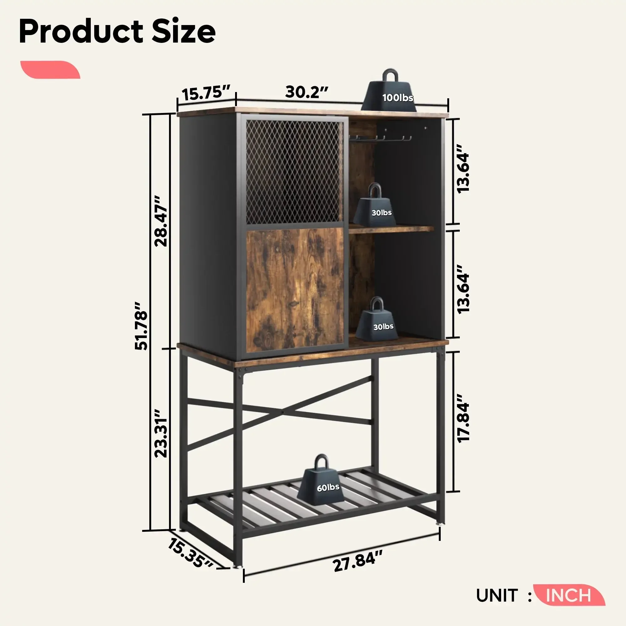 Bestier 30" Wooden Sideboard Buffet Cabinet with Sliding Mesh Metal Door and Open Shelf