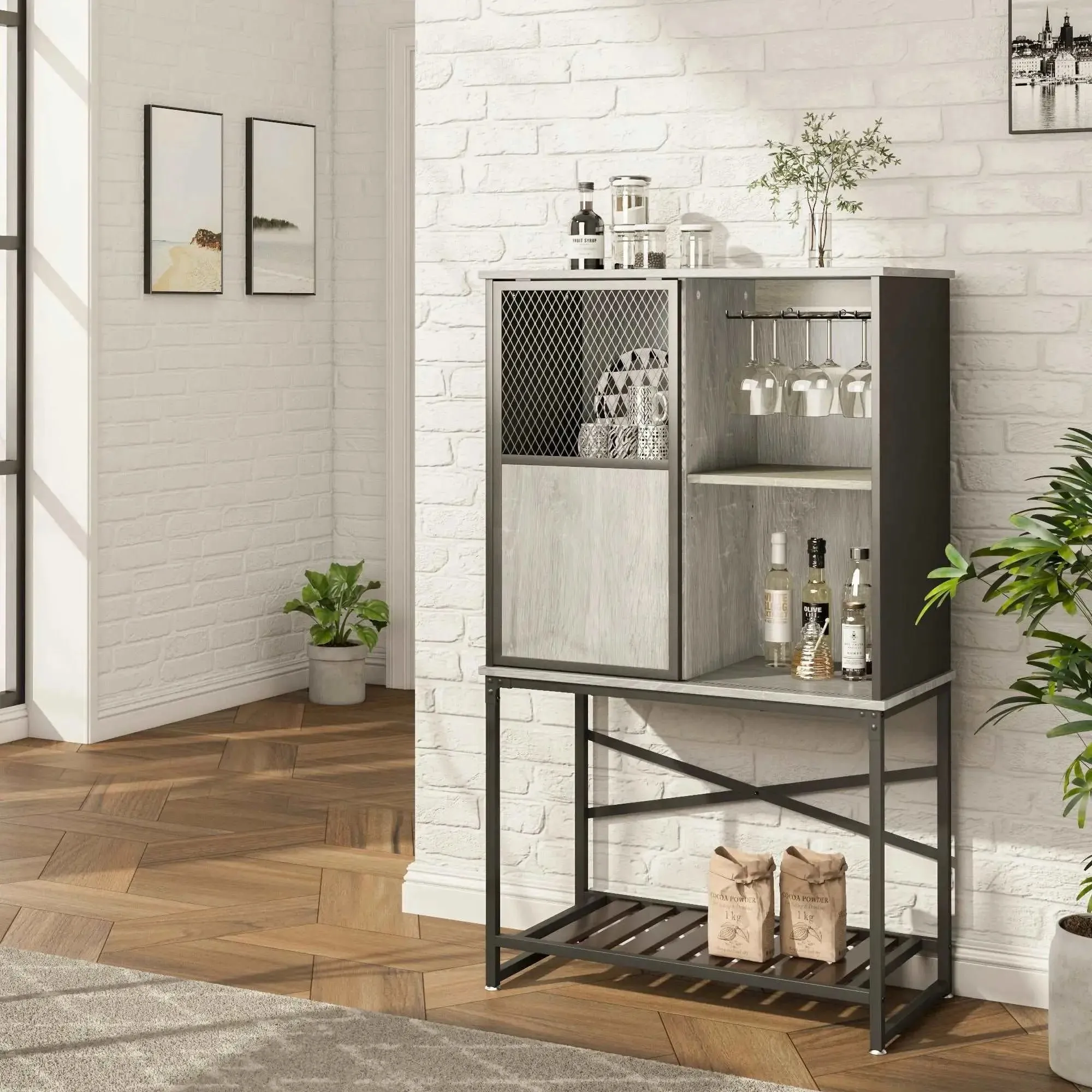 Bestier 30" Wooden Sideboard Buffet Cabinet with Sliding Mesh Metal Door and Open Shelf