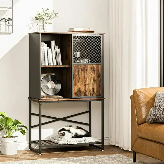Bestier 30" Wooden Sideboard Buffet Cabinet with Sliding Mesh Metal Door and Open Shelf