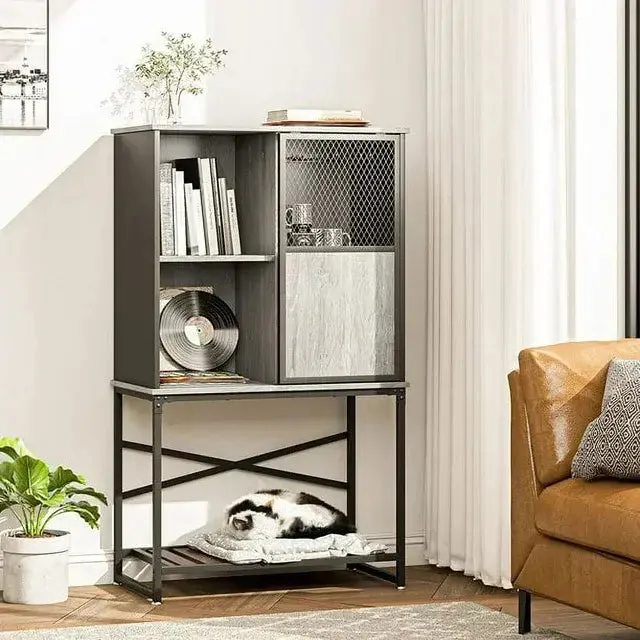 Bestier 30" Wooden Sideboard Buffet Cabinet with Sliding Mesh Metal Door and Open Shelf