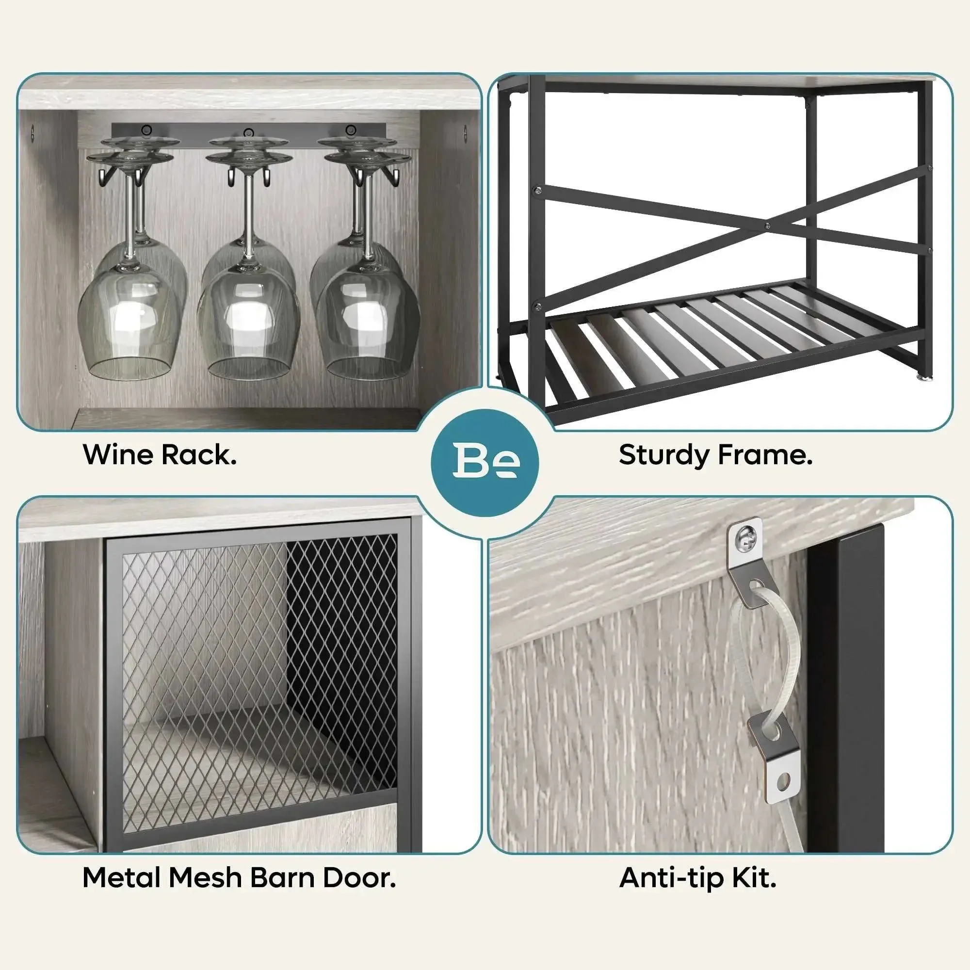 Bestier 30" Wooden Sideboard Buffet Cabinet with Sliding Mesh Metal Door and Open Shelf