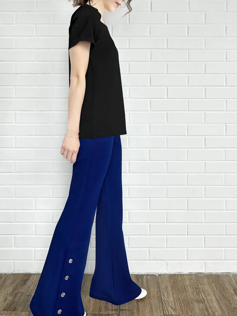 Black Cut Out Collar Structure Cotton Blend Tee