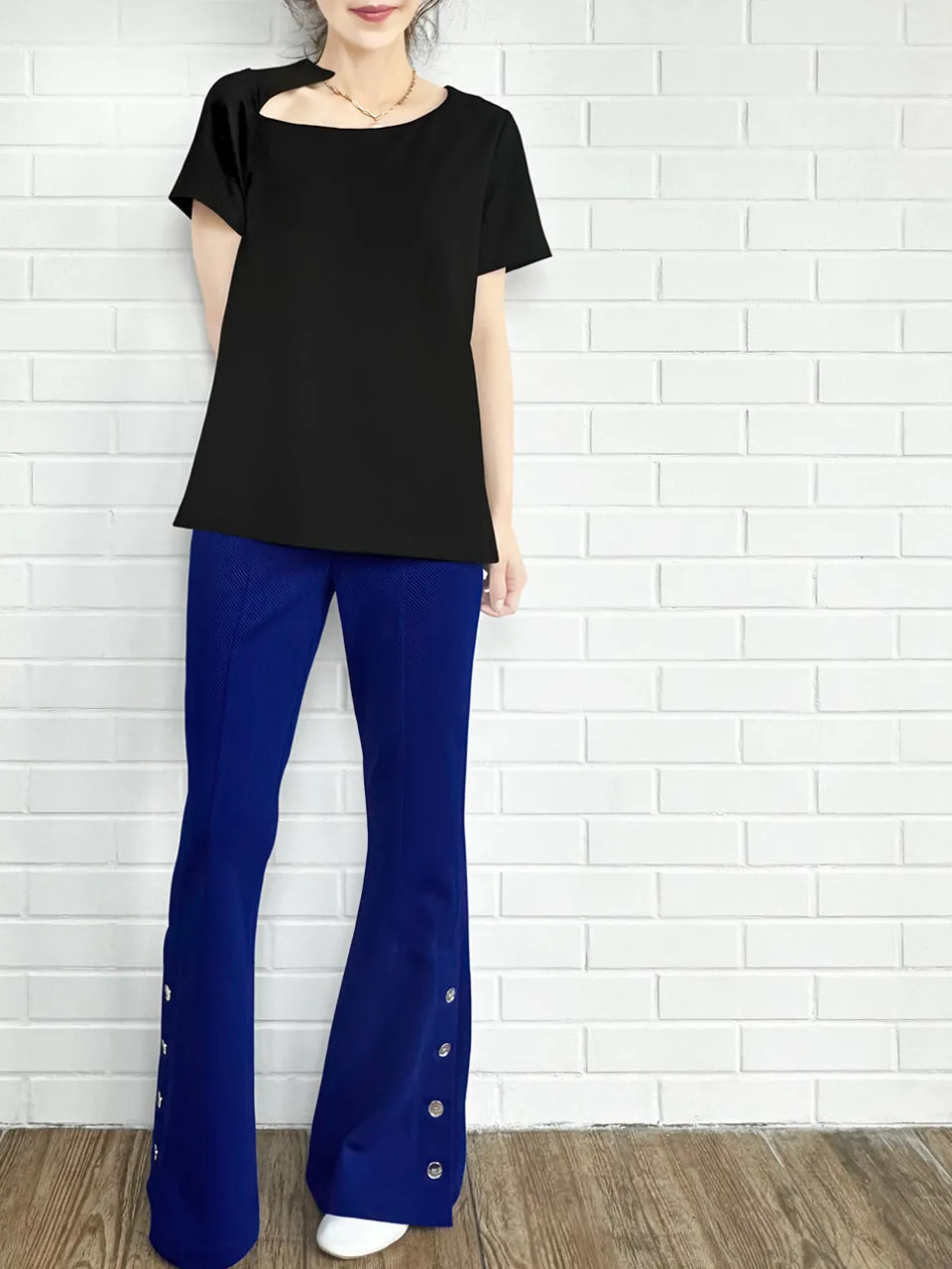 Black Cut Out Collar Structure Cotton Blend Tee