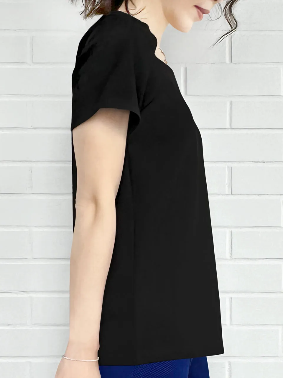 Black Cut Out Collar Structure Cotton Blend Tee