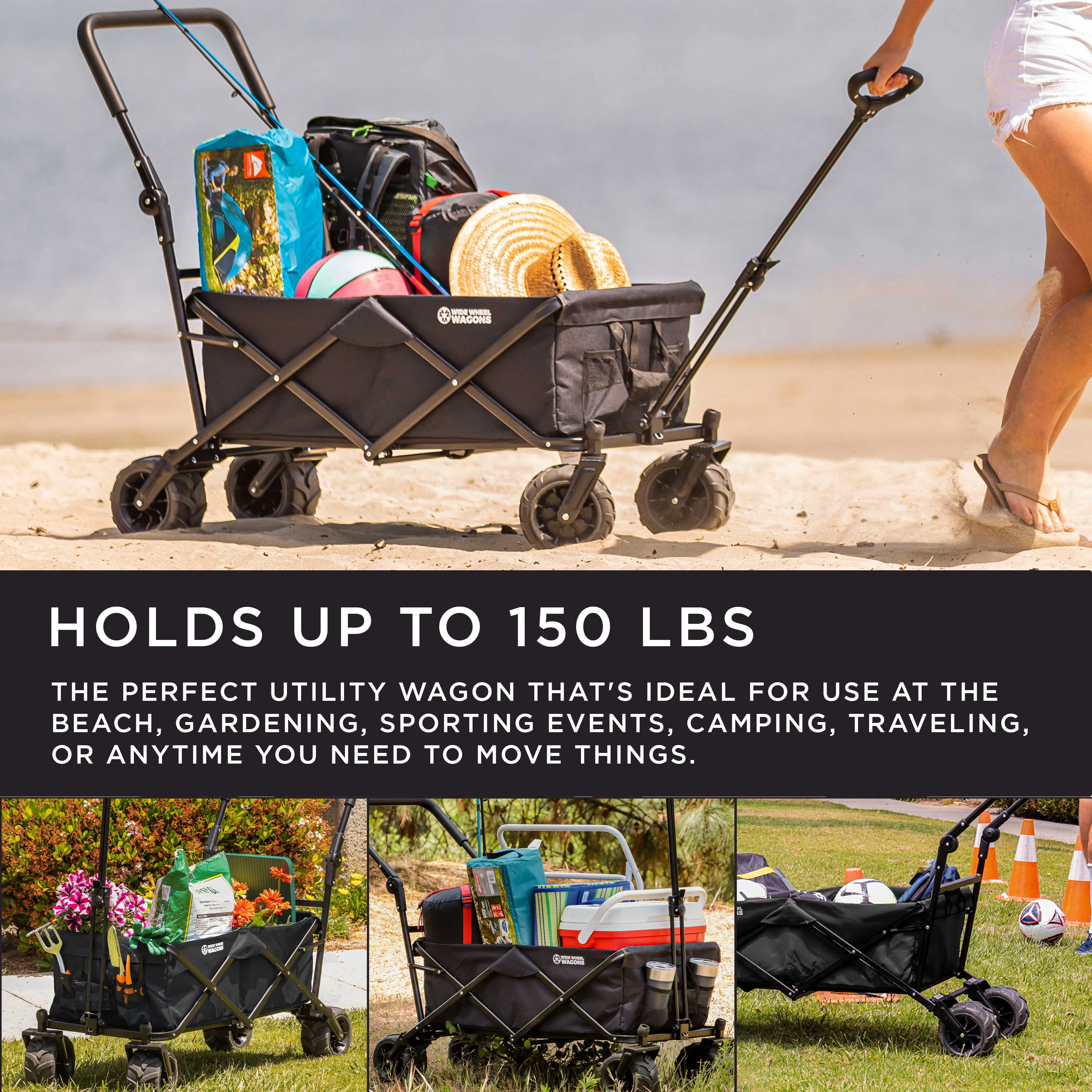 Black Wide Wheel Wagon All-Terrain Folding Collapsible Utility Wagon with Push Bar - Portable Rolling Heavy Duty 150 Lbs Capacity Canvas Fabric Cart