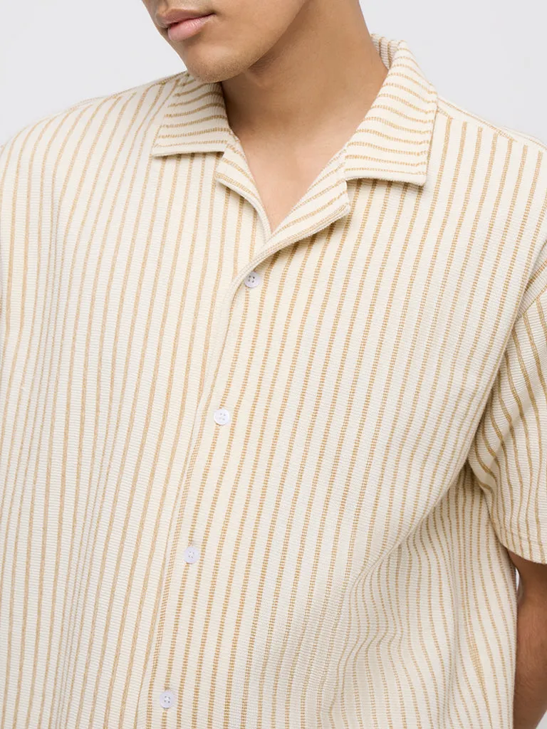 ETA Beige Striped Relaxed Fit Cotton-Blend Shirt