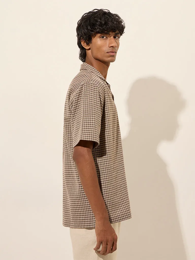 ETA Brown Checkered Relaxed-Fit Cotton Shirt