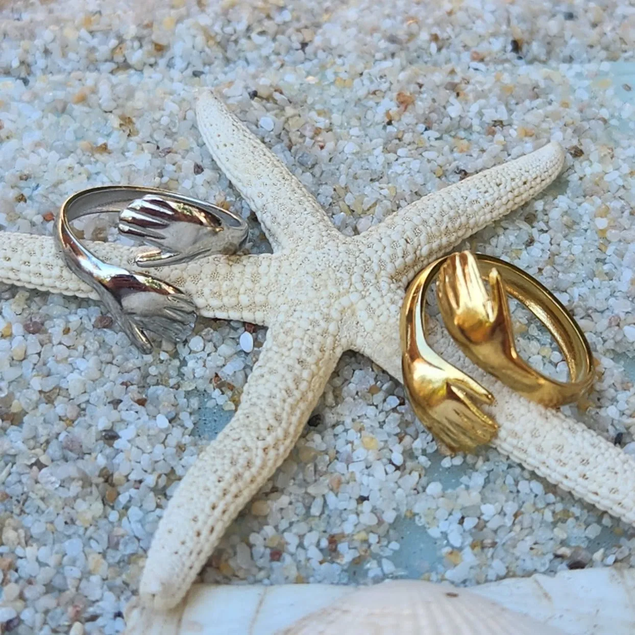 HANDS OF LOVE   - ADJUSTABLE WATERPROOF HUG GOLD/ SILVER RINGS
