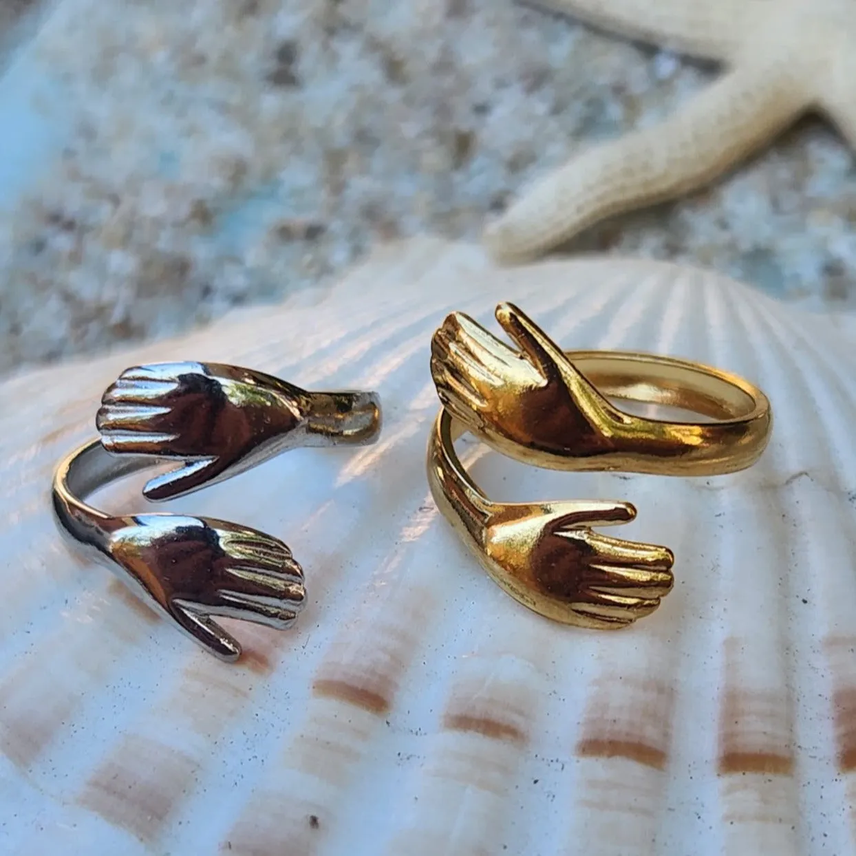 HANDS OF LOVE   - ADJUSTABLE WATERPROOF HUG GOLD/ SILVER RINGS