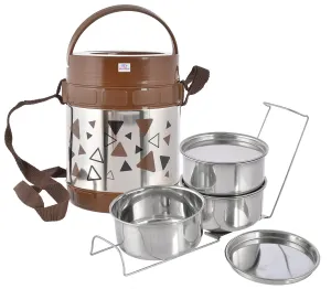 Heart Home Designer Food Grade, Leak Proof Insulated Stainless Steel Lunch Box with 3 Container (Brown)-HS42HEARTH25114