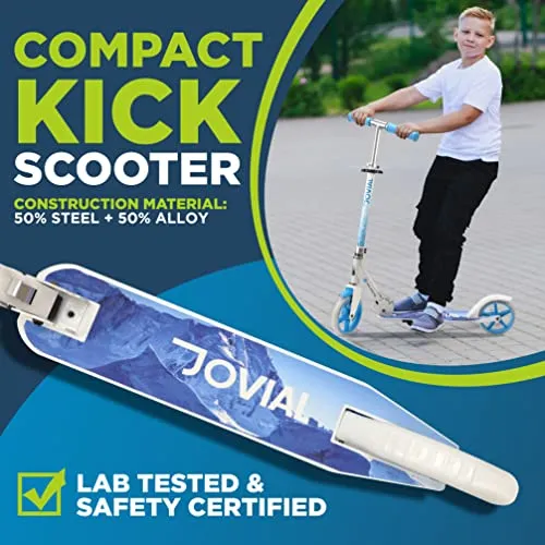 Jovial 2-Wheel Folding Kick Scooter - Compact Foldable Riding Scooter for Teens w/Adjustable Height, Alloy Anti-Slip Deck, 7” Wheels, Mud Guard Front Wheel, for Kids Boys/Girls 6  Yrs Old (Avalanche)