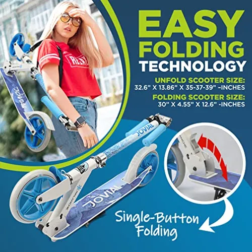 Jovial 2-Wheel Folding Kick Scooter - Compact Foldable Riding Scooter for Teens w/Adjustable Height, Alloy Anti-Slip Deck, 7” Wheels, Mud Guard Front Wheel, for Kids Boys/Girls 6  Yrs Old (Avalanche)