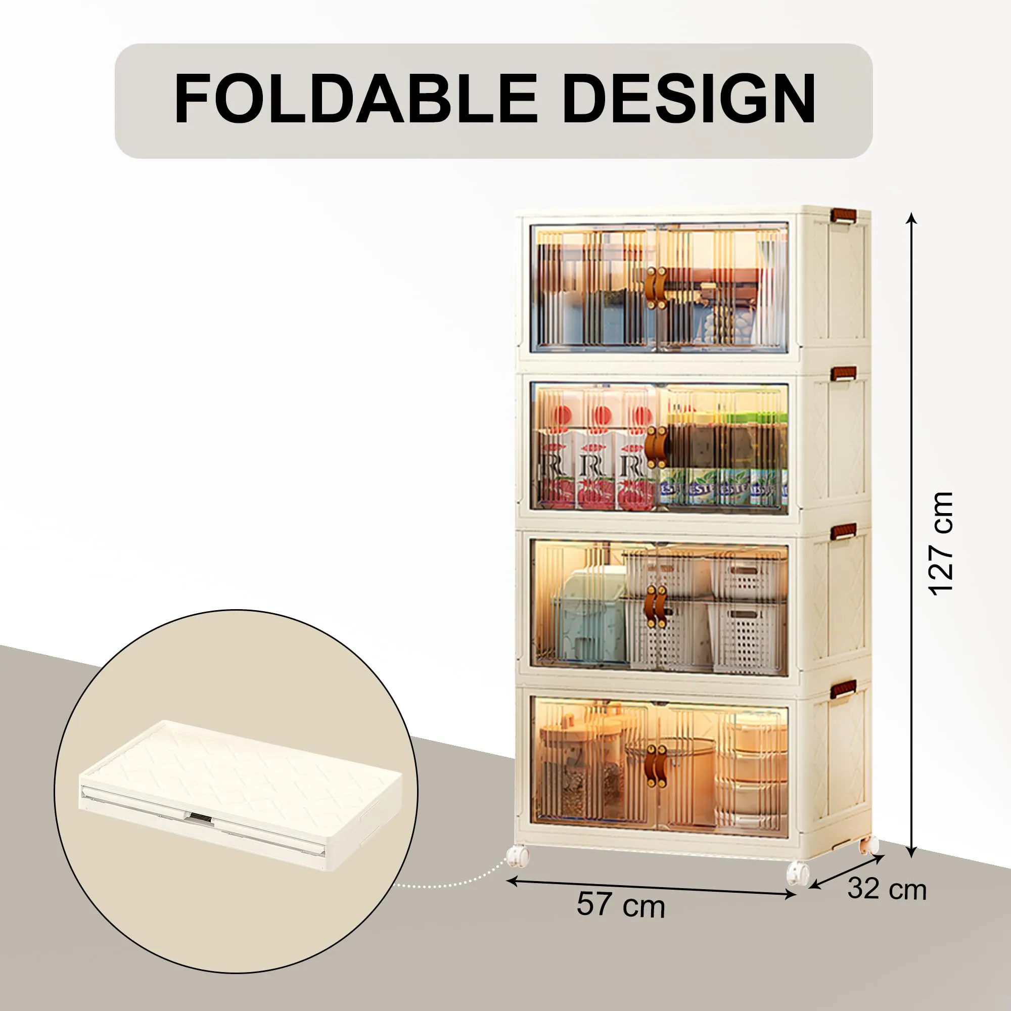 Kuber Industries (Set of 2) 3-Layer Double Door Almirah for Clothes - Collapsible & Foldable Dress Racks/Plastic Cupboard for Storage - White