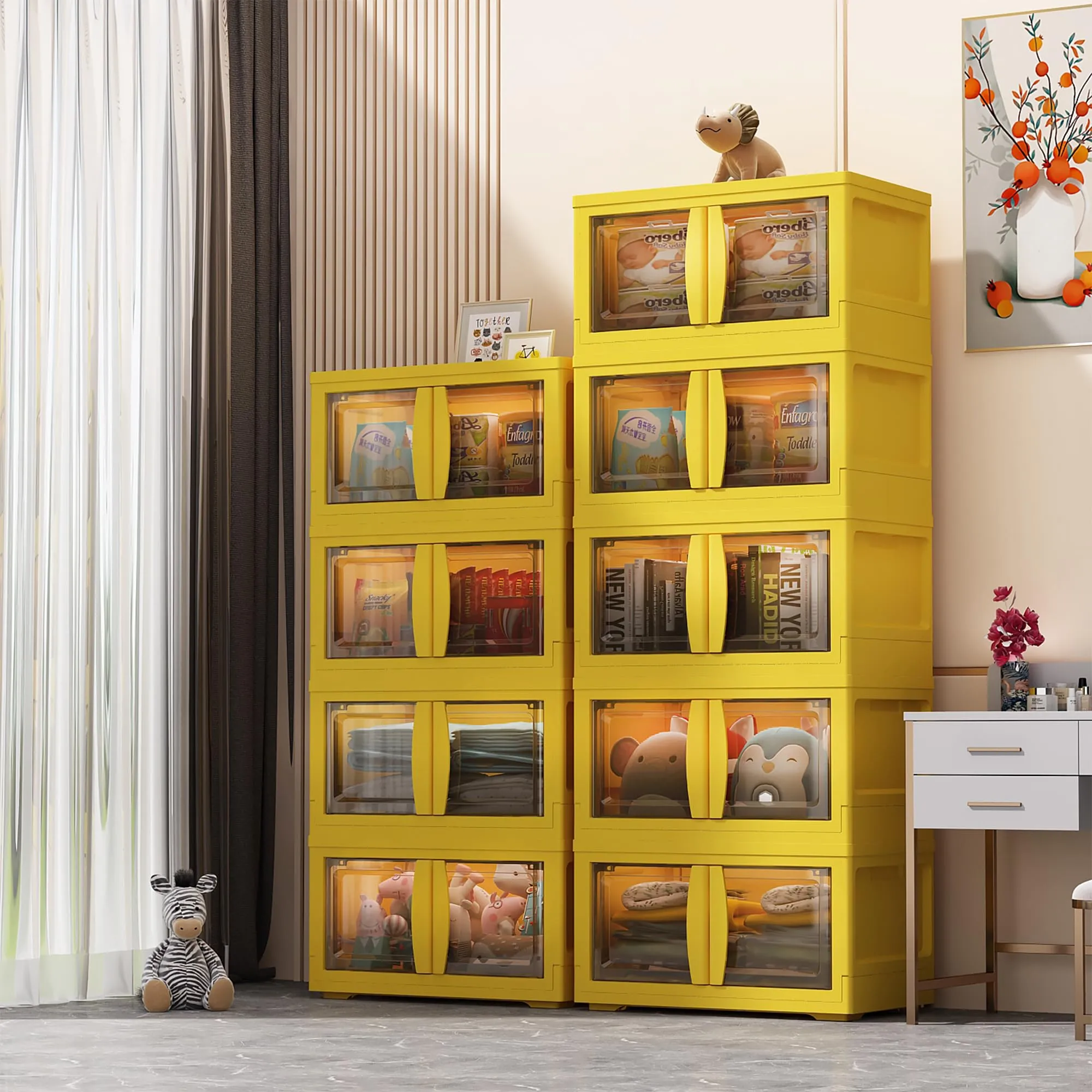 Kuber Industries (Set of 6) 3-Layer Double Door Almirah for Clothes - Collapsible & Foldable Dress Racks/Plastic Cupboard for Storage - Yellow
