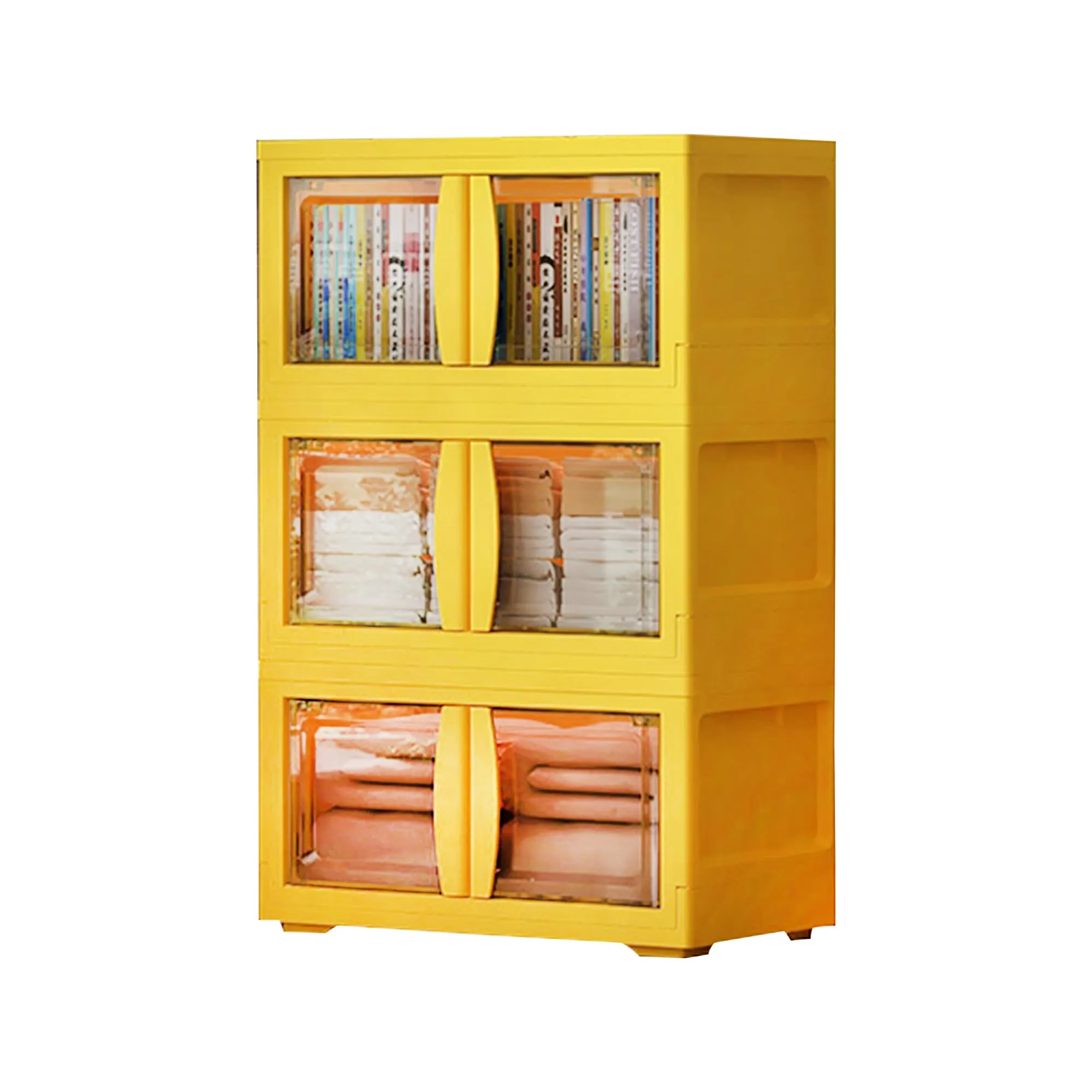 Kuber Industries (Set of 6) 3-Layer Double Door Almirah for Clothes - Collapsible & Foldable Dress Racks/Plastic Cupboard for Storage - Yellow