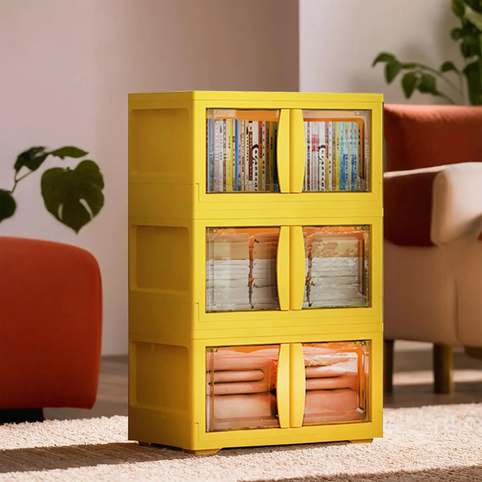Kuber Industries (Set of 6) 3-Layer Double Door Almirah for Clothes - Collapsible & Foldable Dress Racks/Plastic Cupboard for Storage - Yellow