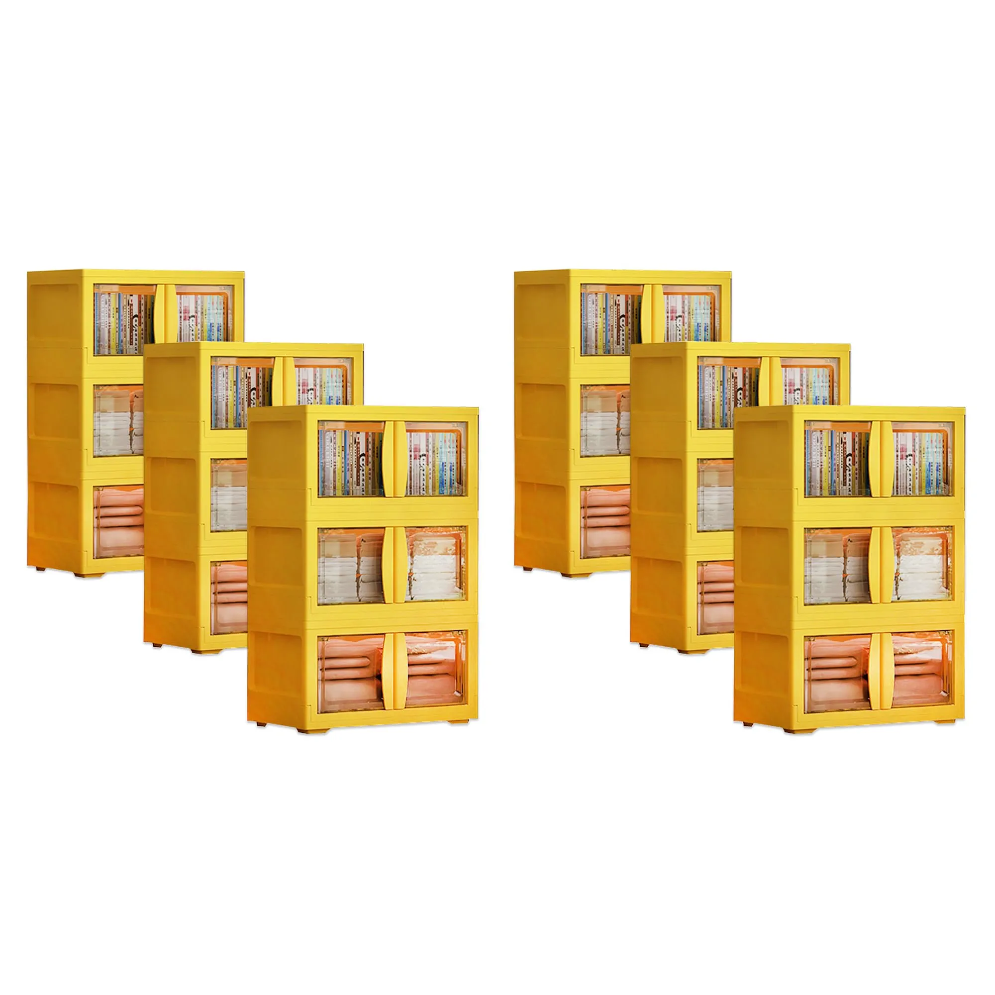 Kuber Industries (Set of 6) 3-Layer Double Door Almirah for Clothes - Collapsible & Foldable Dress Racks/Plastic Cupboard for Storage - Yellow