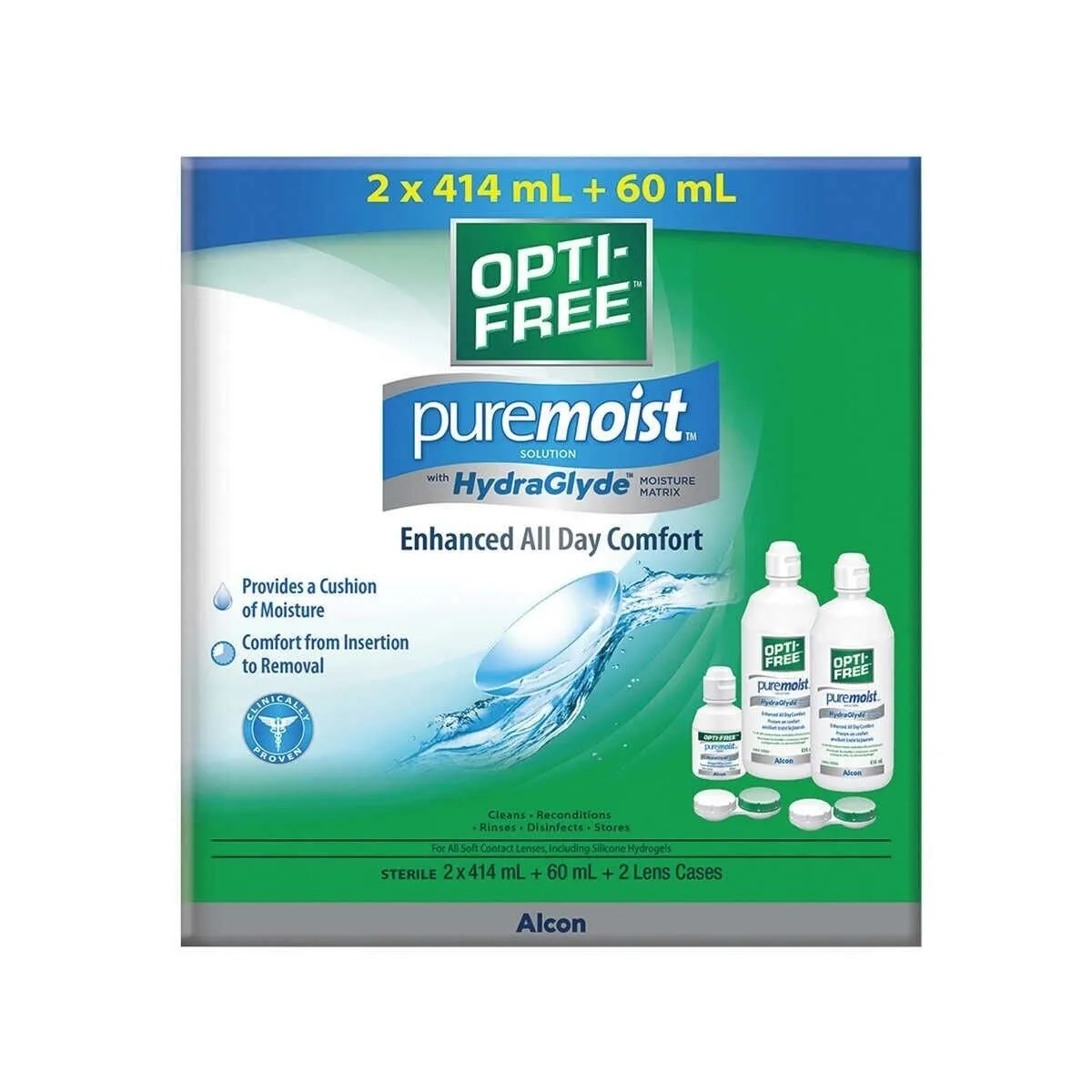Opti-Free Puremoist Contact Lens Solution 2 x 414ml   60ml   2 Lens Cases
