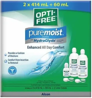 Opti-Free Puremoist Contact Lens Solution 2 x 414ml   60ml   2 Lens Cases