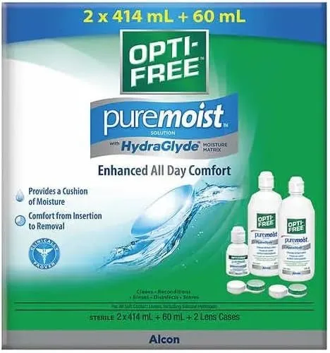 Opti-Free Puremoist Contact Lens Solution 2 x 414ml   60ml   2 Lens Cases