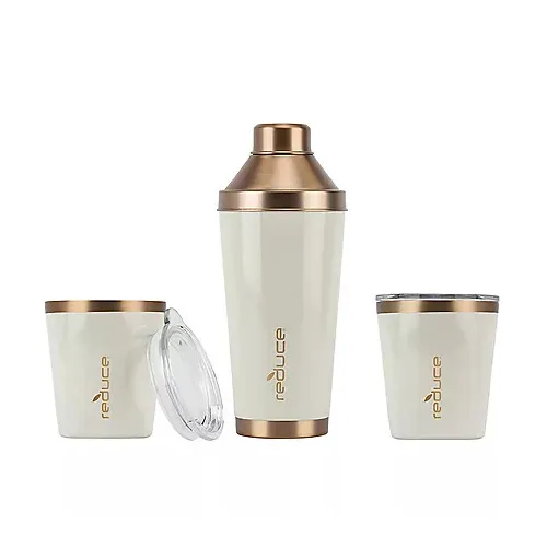 Reduce Cocktail 3-piece Shaker Set With 10-oz. Lowball Tumblers - Cream