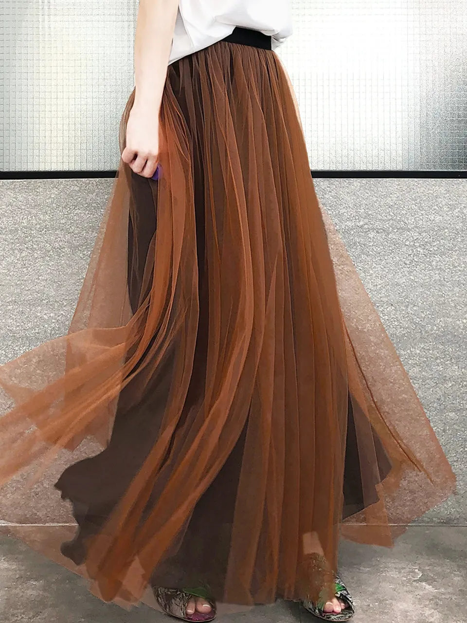 Surprise Sale! Caramel Brownish Shades Tonal Layer Tulle Chiffon Maxi Skirt
