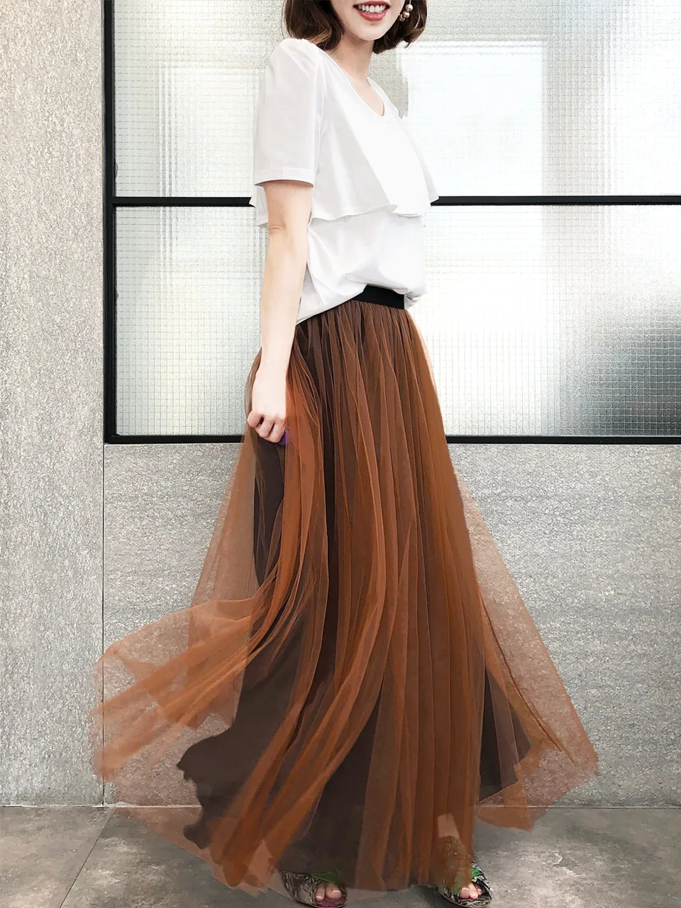 Surprise Sale! Caramel Brownish Shades Tonal Layer Tulle Chiffon Maxi Skirt